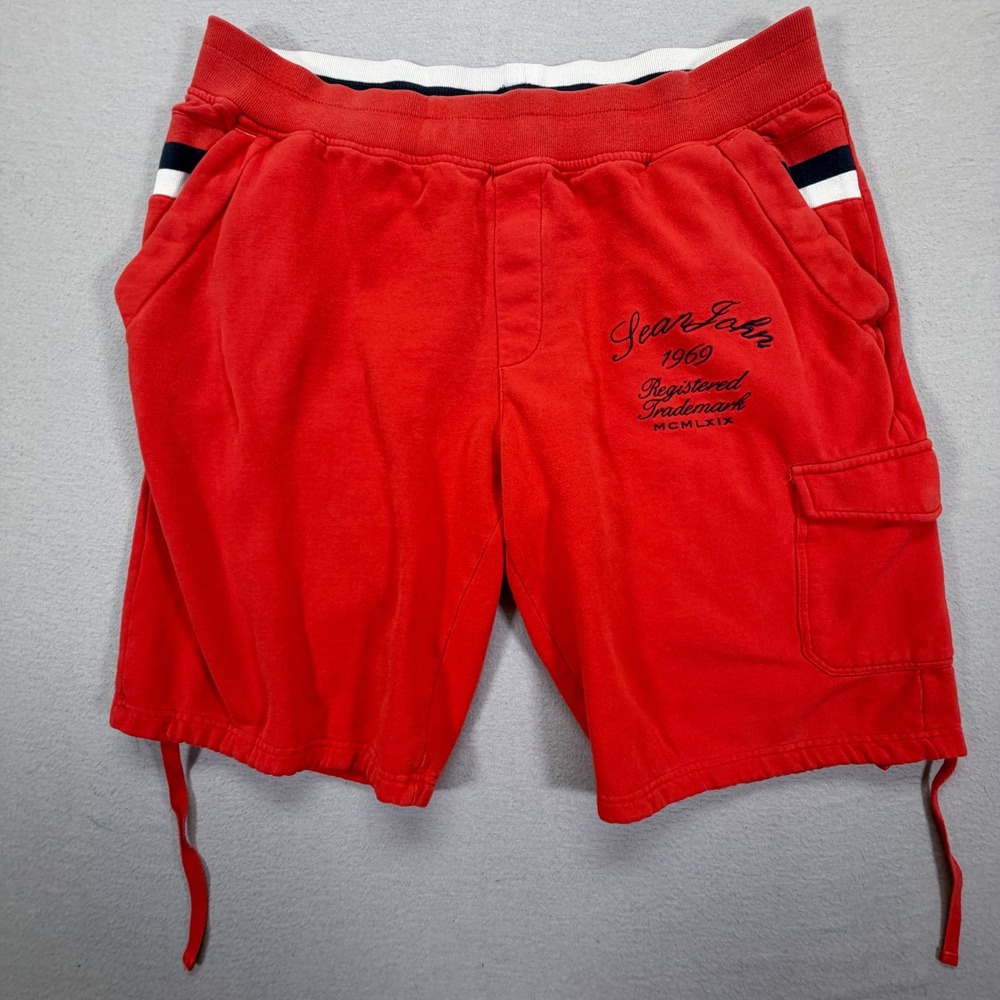Sean John Mens Fleece Cargo Shorts Regular‎ Red Embroidered Logo XL